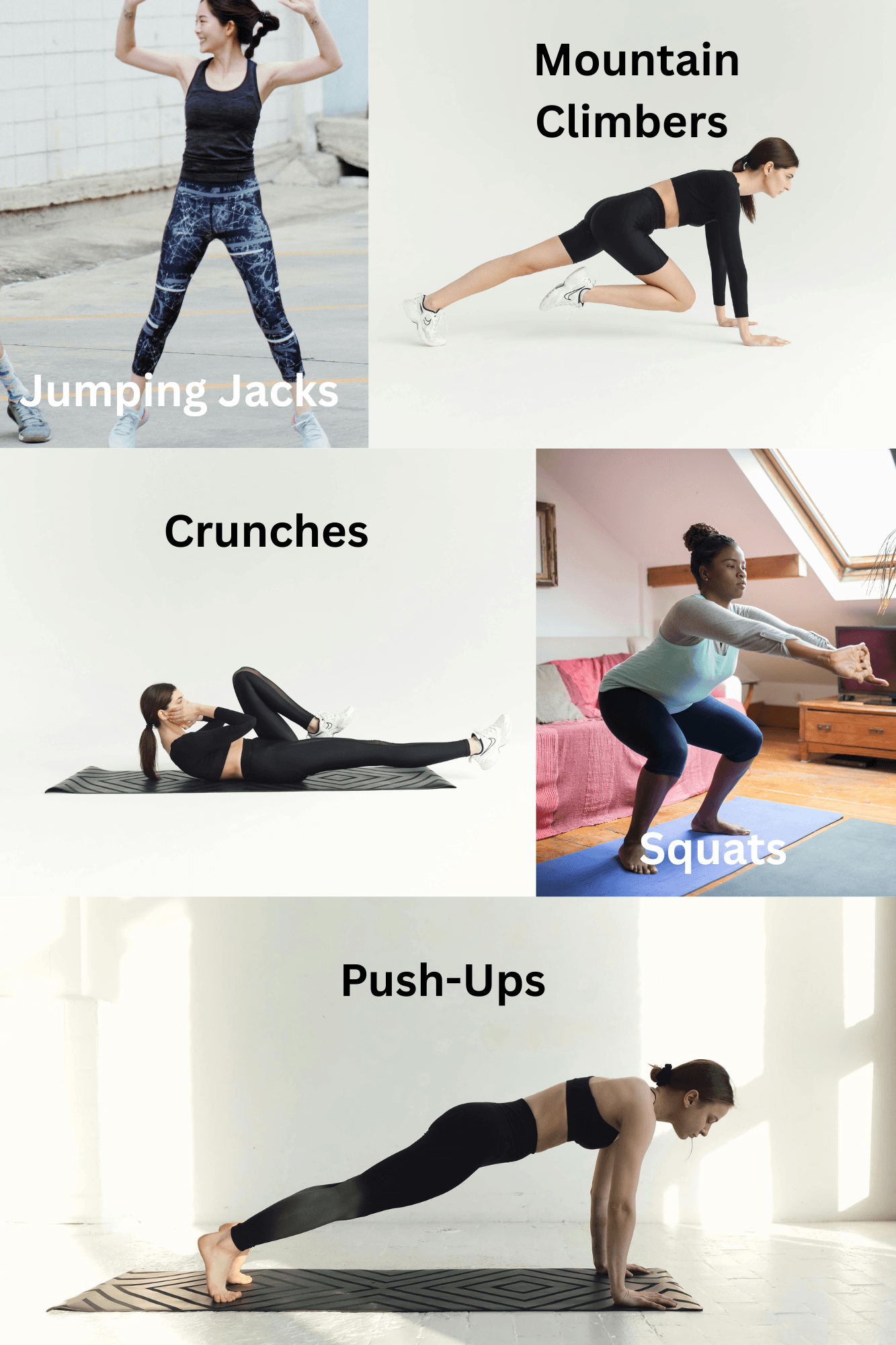 Workout collage displaying week 3 circuit training movements for the beginner workout plan.