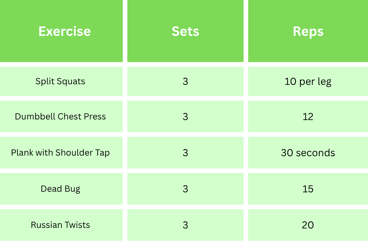 Week 4 workout table with advanced beginner exercises to increase strength and stability.