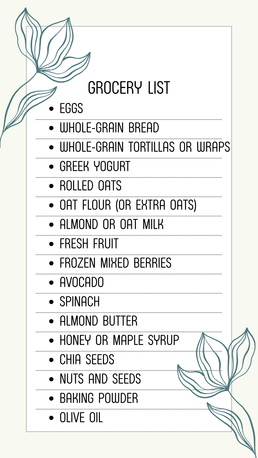 A grocery list with fresh ingredients used for preparing healthy breakfast recipes.