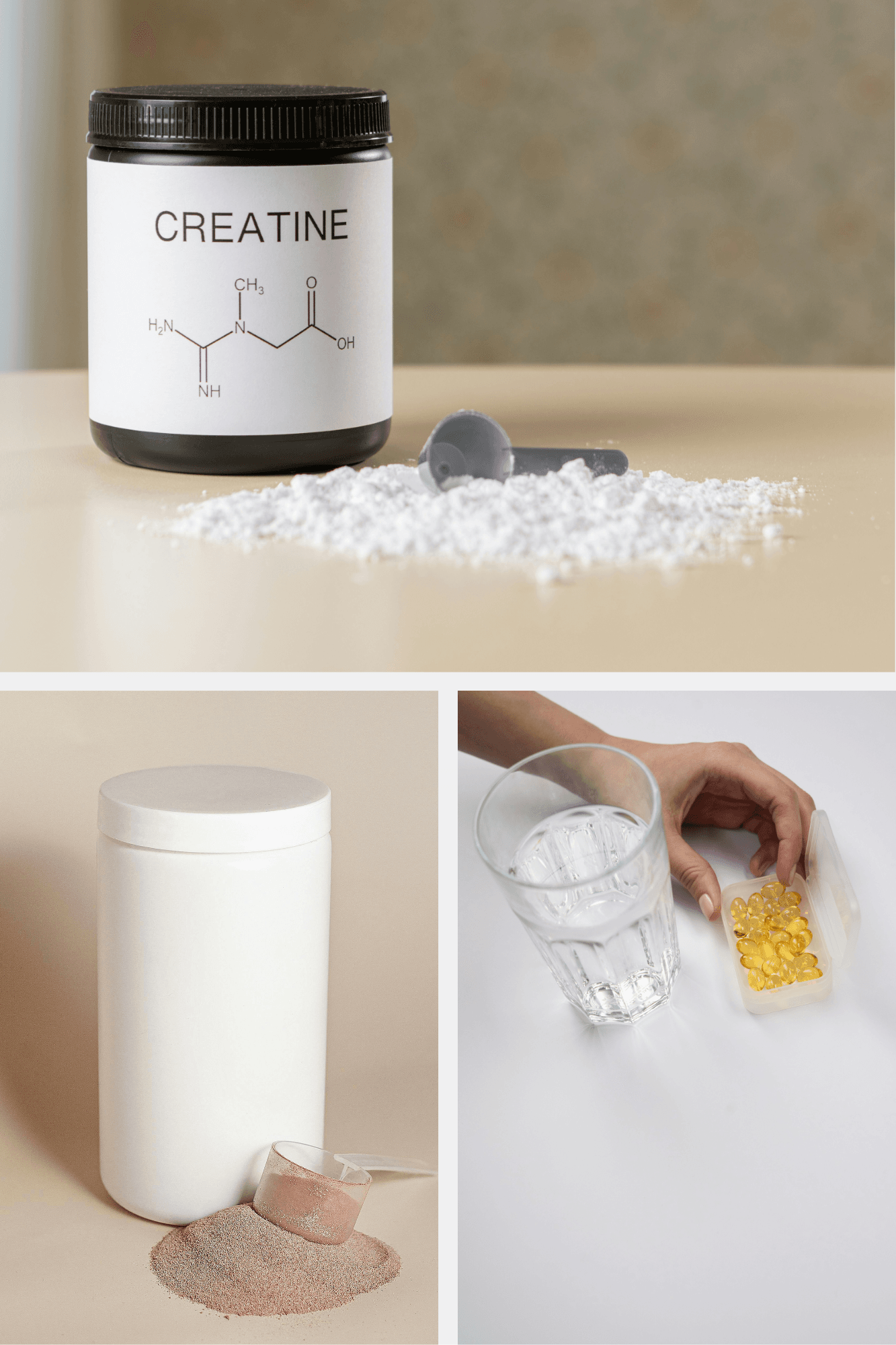 Protein powder, creatine and omega-3 supplements supporting muscle recovery and fat loss goals.